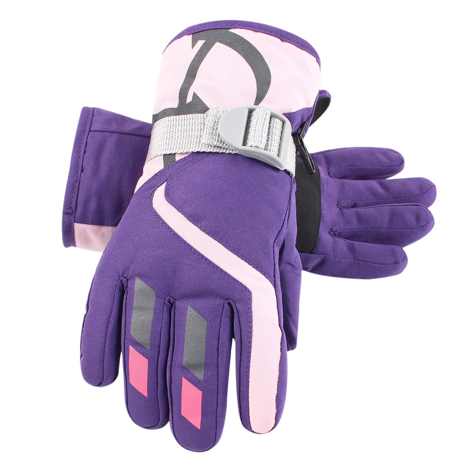 XIAOHAWANG Winter Boys Girls Ski Gloves Kids Warm Waterproof Mittens Fleece Snowboard Gloves for Children (Purple, L)