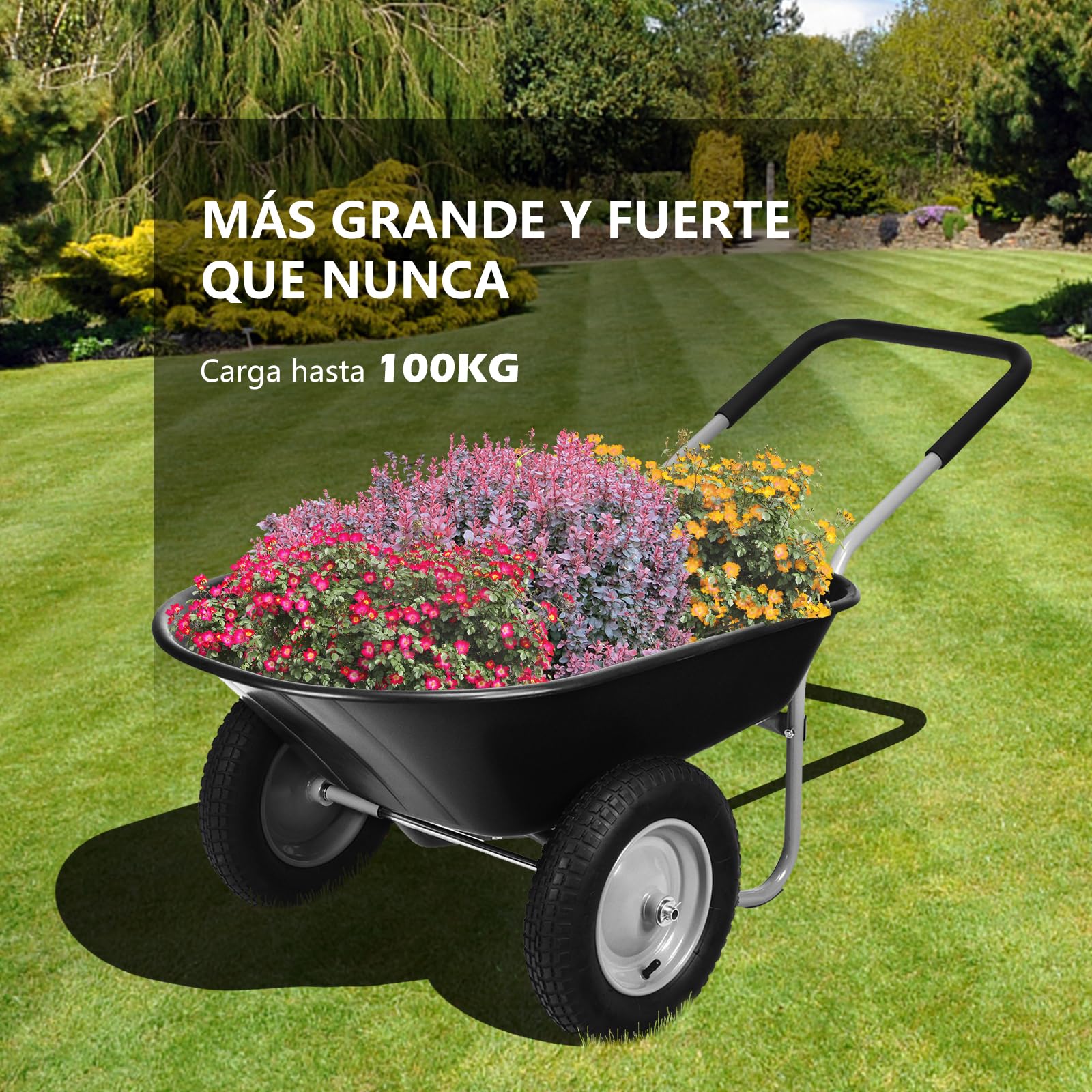 GYMAX Carretilla de Jardín de 100 litros de Volumen con 2 Neumáticos de Aire, Carretilla de Transporte con Asa, Carretilla de Construcción de hasta 100 kg, Apto para Patio y Almacén (Negro)
