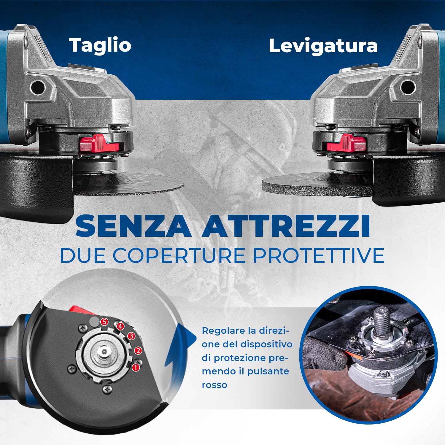 DongCheng Smerigliatrice angolare a batteria 20V 125 mm, 1000 W, 2x4.0Ah | Motore senza spazzole, 3 velocità, cuffie a sgancio rapido, impugnatura antivibrante, 2 dischi da taglio, lamellari T27 e T29