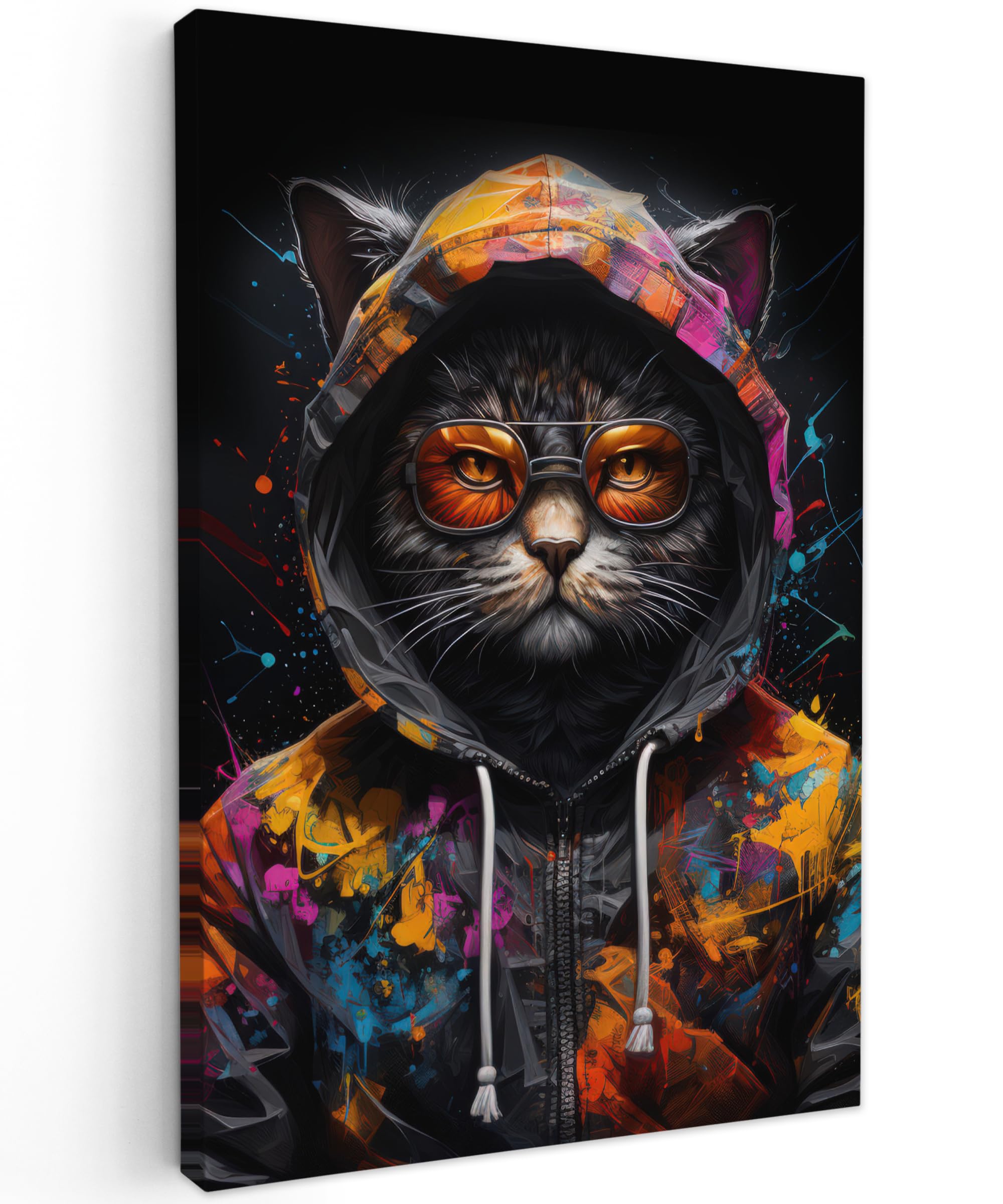 MuchoWow© Leinwandbild 60x90 cm Dekoration Wohnzimmer Bilder Aufhängen Wall Decoration Living Room Wohnungs Deko Moderne Banksy - Street Pop Art - Katze - Mantel - Graffiti - Brille