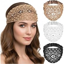 3 Pieces Headbands for Women Wide Lace Boho Headband Boho Pearl Headband Hair Accessories Beaded Headbands for Women Daily Holidays Wear Black, Light Brown, White