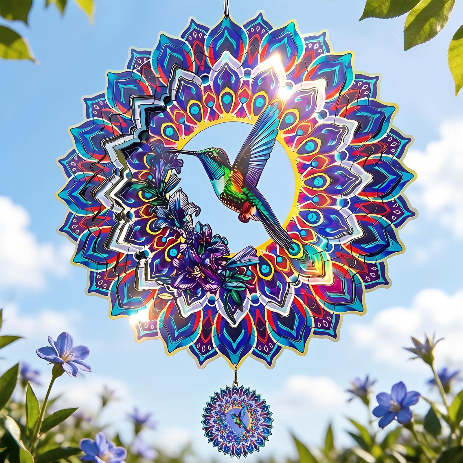 Hummingbird Mandala Wind Spinner, IDEA SHOW 12In 3D Kinetic Metal Wind Spinners, Hummingbird Gift for Women, Mom, Garden & Yard Decor Outdoor/Indoor Decoration, Dynamic Art Hanging Sculpture (10In)-image-33