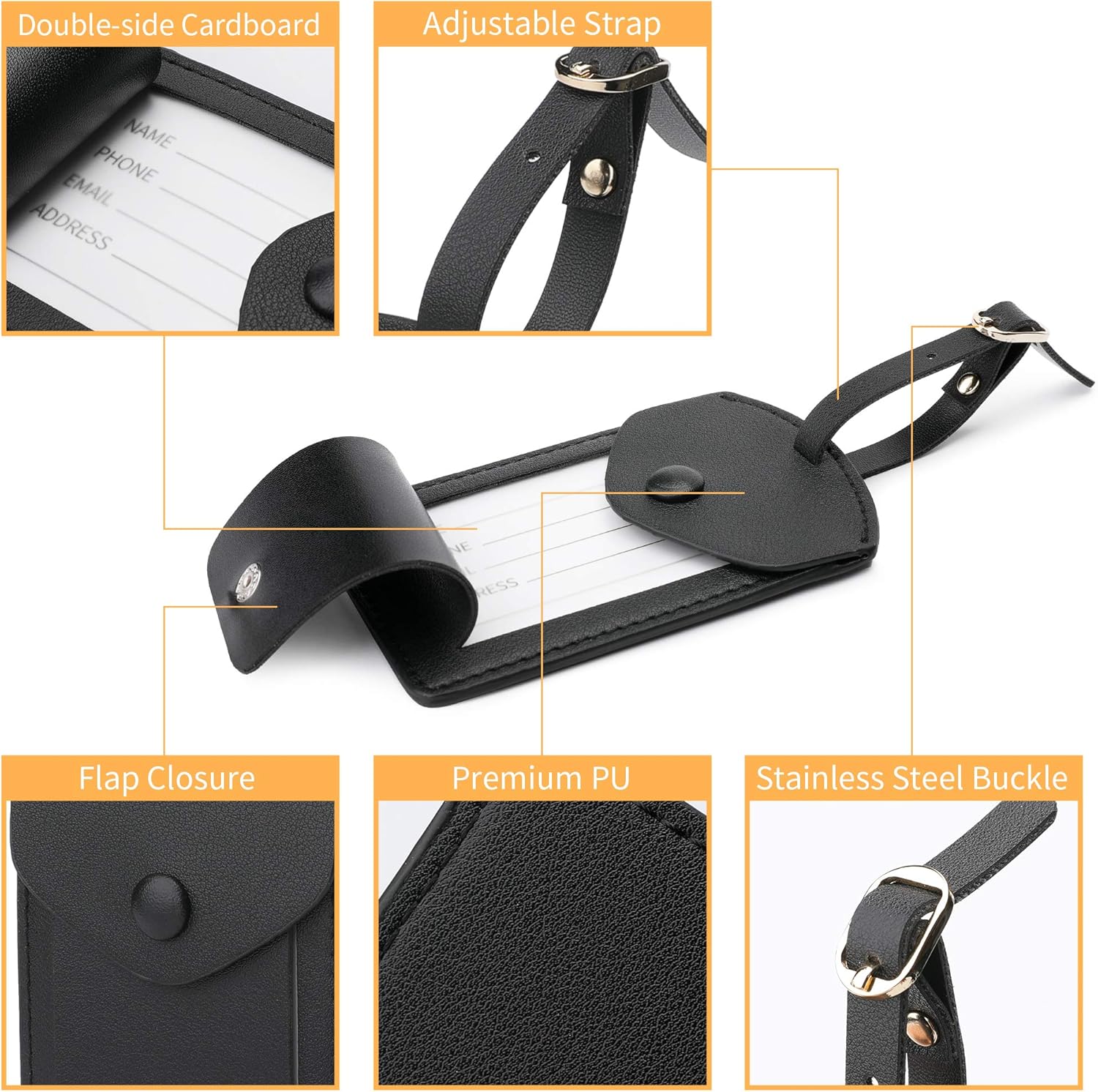 Kevancho Leather Smart Luggage Tags for Men Women, Suitcase Labels Baggage Tote Bag Tag ID Tags with Full Back Privacy Cover for Carnival Cruise Ship, Travel Accessories Tags Set of 2 PCS (Black) - Image 3