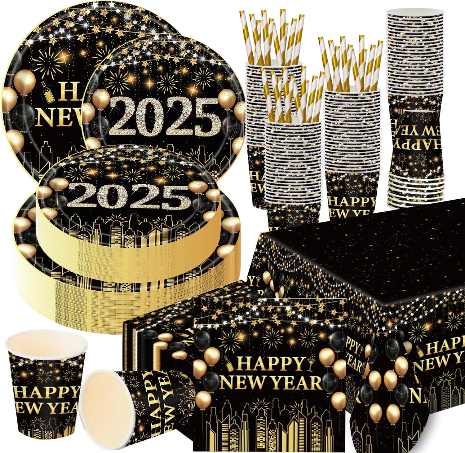121PCS Happy New Year Party Supplies Tableware, 9in 7in 2025 New Year