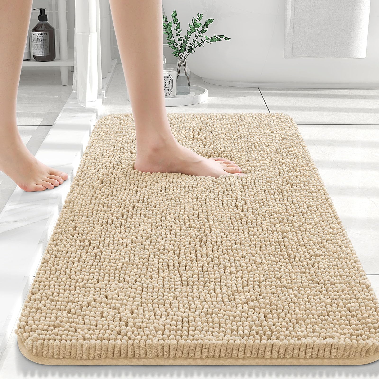 OLANLY Bathroom Rugs 36x24, Extra Soft Absorbent Chenille Bath Rugs, Non-Slip, Dry Quickly, Machine Washable, Bath Mats for Bathroom Floor, Tub and Shower, Beige