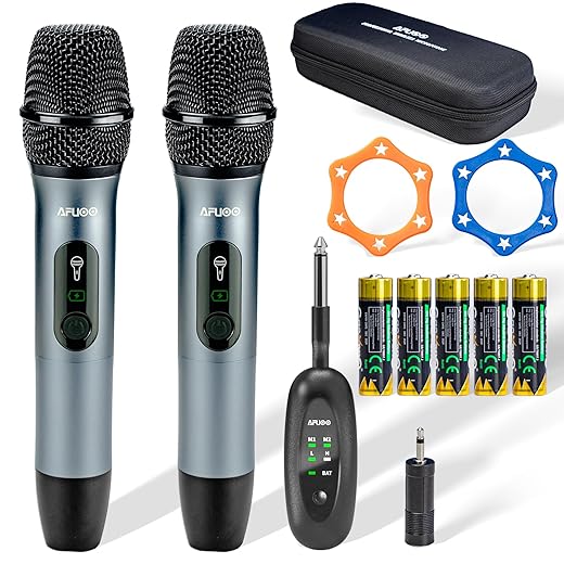Wireless Microphone Set for Singing, Speeches & Events, 2.4GHz Dual-Mic Receiver, 200ft, Storage Bag Included, Metal Cordless Mic 2 Pack for Karaoke Machines, PA Systems, PartyBox, Gray-Blue