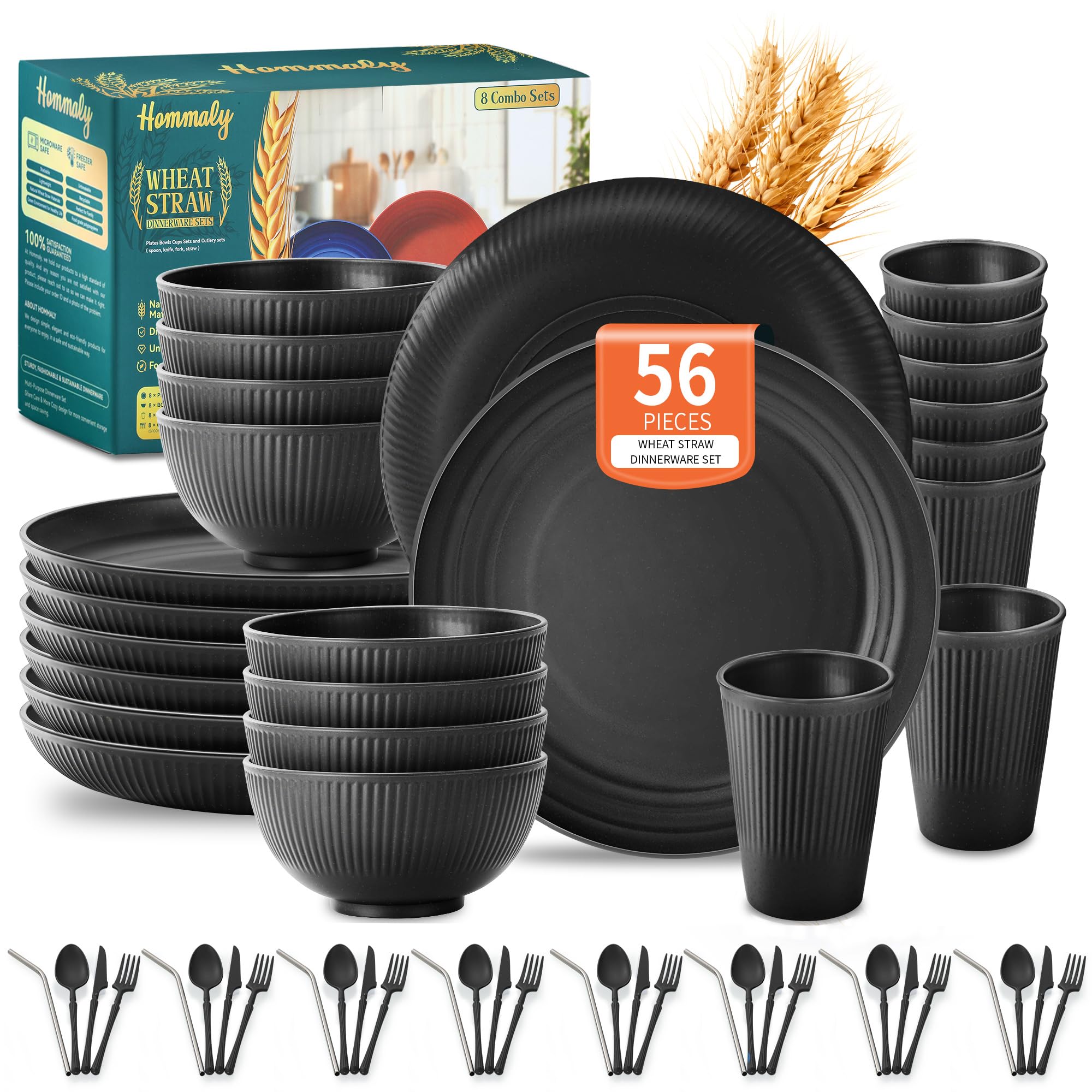 Amazon.com | Wheat Straw Dinnerware Sets,56-Piece Black Plates and