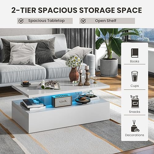 Miniatura 6 de Tangkula Mesa de centro LED, moderna mesa de centro de alto brillo con luces LED de 20 colores, velocidad y brillo ajustables, control remoto, Negro