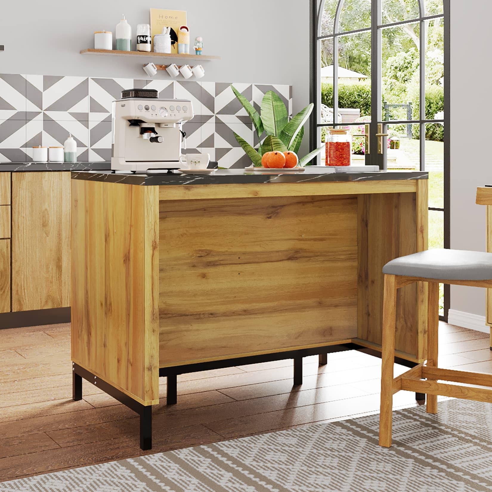 PUGSDRLY Îlot Central Cuisine 120x75x90 cm,Meuble de Cuisine,Buffet Salle a Manger avec Plan de Travail de Marbre Noir,2 Tiroirs,4 étagères Ouvertes,pour Salles à Manger(E-Natuel)