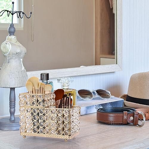 Miniatura 3 de ELLDOO Soporte para brochas de maquillaje de cristal dorado, organizador de cosméticos de 2 ranuras, centro de almacenamiento, delineadores de ojos
