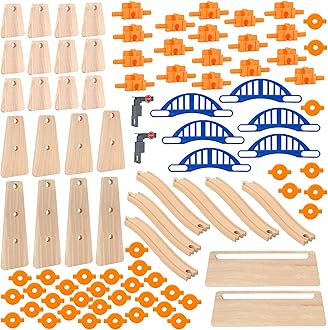 Wooden Train Track Accessories Build & Play Construction Set 90 PCS Ultimate Elevated Railway STEM Toys Track Expansion Pack Ascending Tracks Risers Bridges Tunnel Stop Go Gate Compatible Thomas Brio