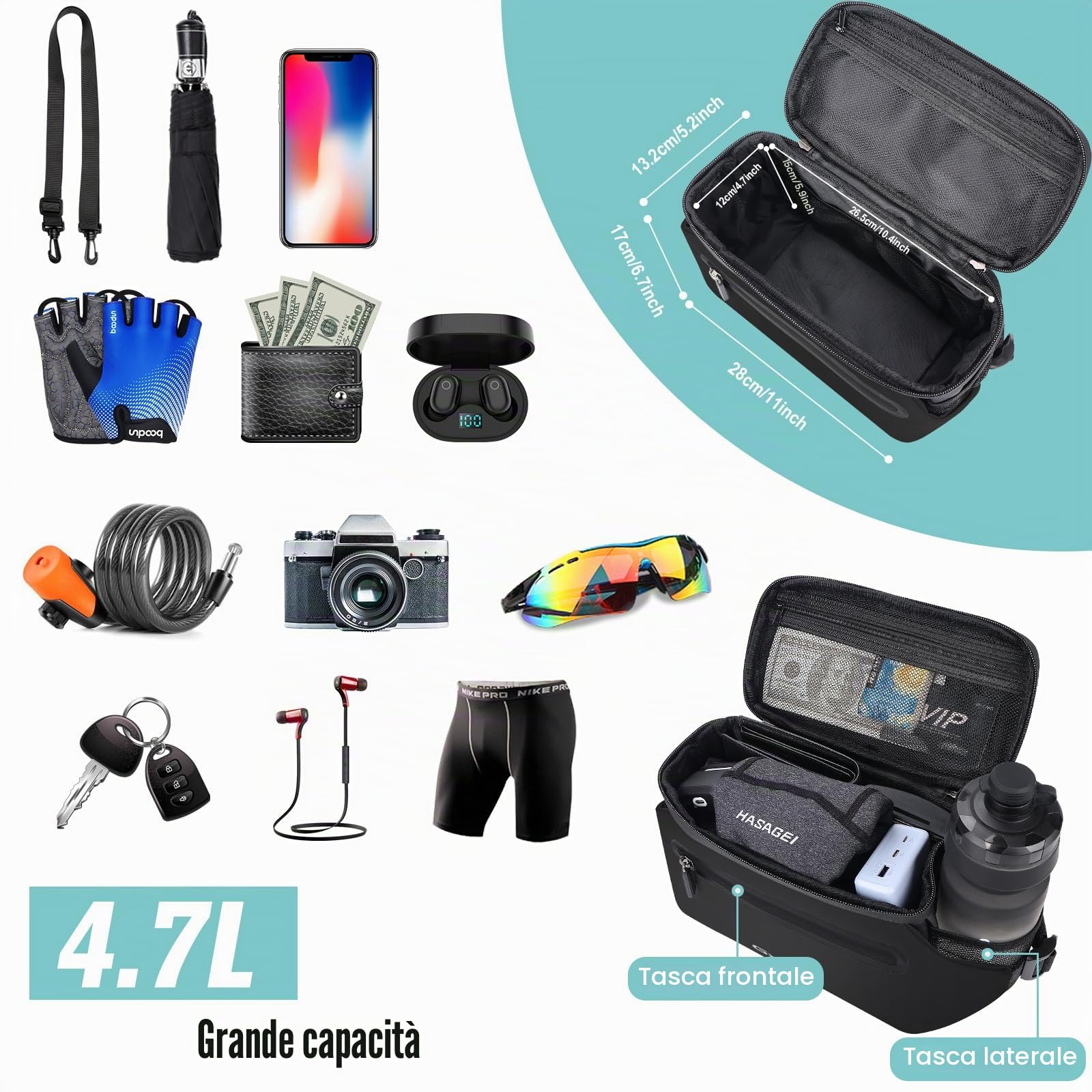 GXCROR Borsa per manubrio da bicicletta 4,7L con rilascio rapido | Supporto stabile per città e trekking | Impermeabile + scomparto per cellulare + portabottiglie