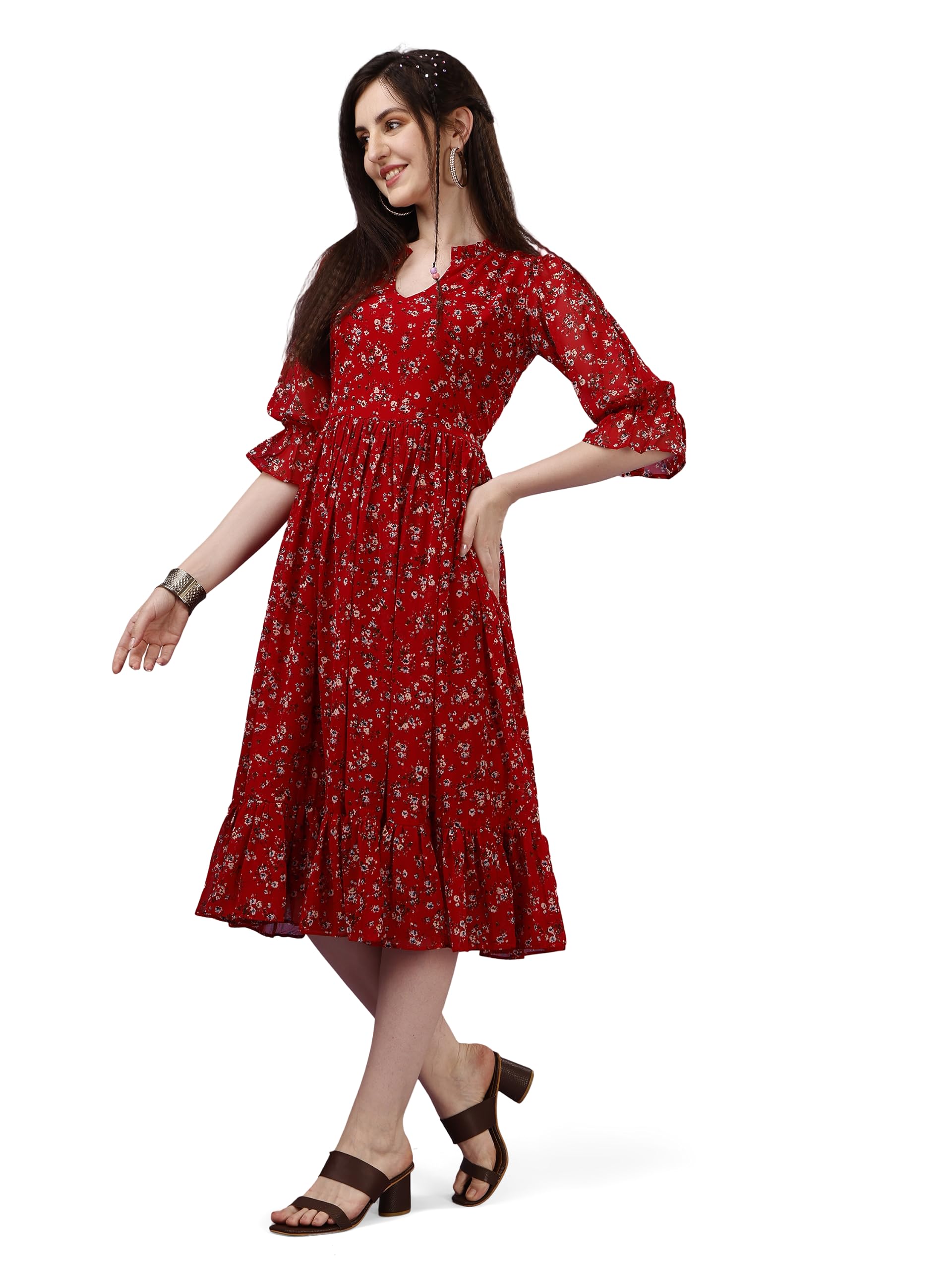 Fashion2wear Vestido midi casual con cuello redondo y estampado de flores georgette para niña