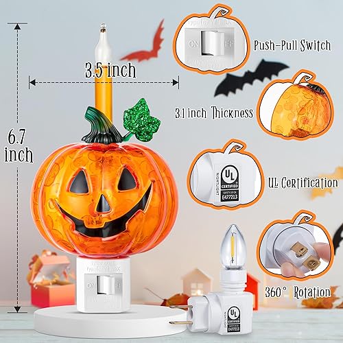 Miniatura 9 de Meonum Luz nocturna de calabaza de Halloween enchufable a la pared, luz de temporada de calabaza naranja brillante alimentada por bombilla LED C7