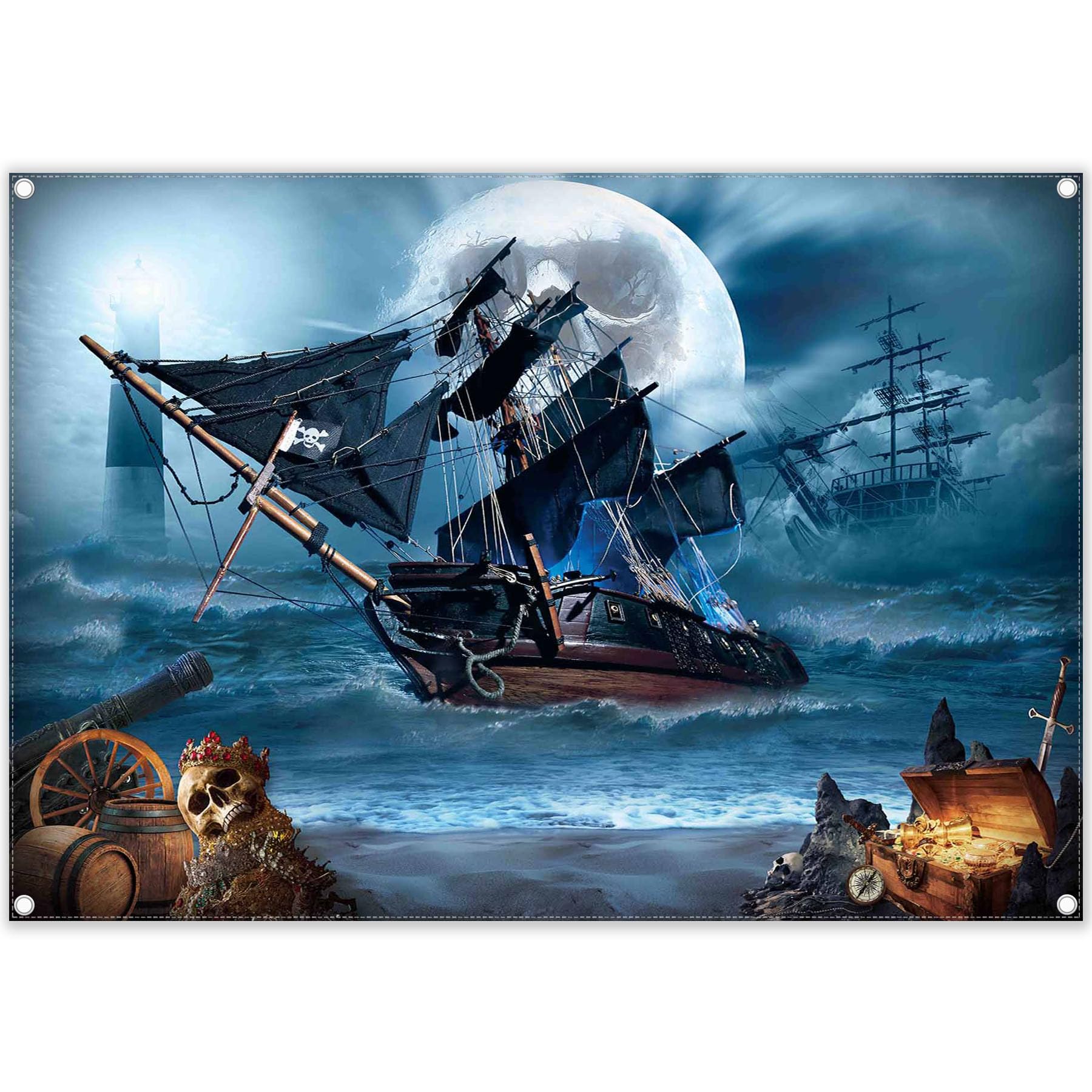 Yriujul 7x5ft Pirate Theme Photography Backdrop Halloween Nautical Adventure Background Seascape Sailing Ship Treasure Party Decorations Horror Photo