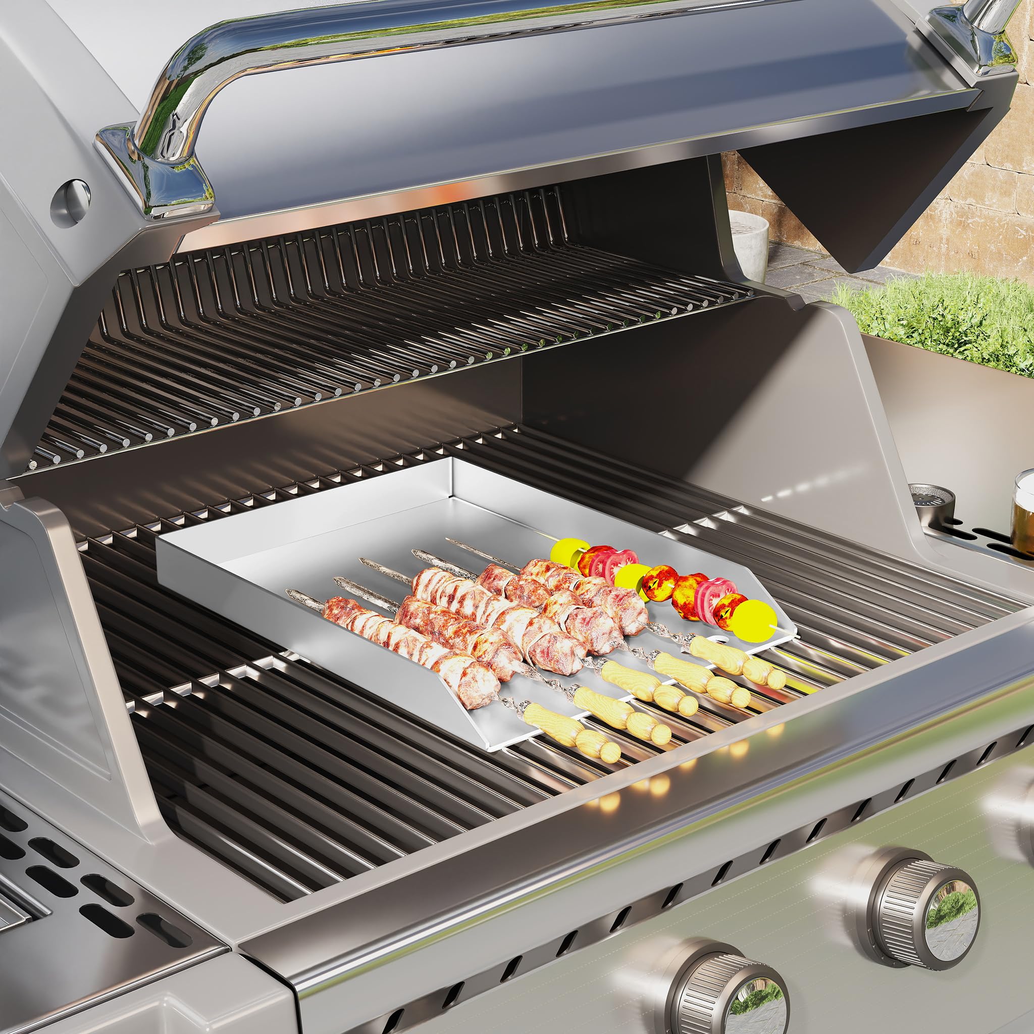 FIVMEN Plancha, piastra per barbecue in acciaio inox, 30 x 20 cm, universale, con 2 spatole, piastra in acciaio inox, per barbecue, barbecue a gas, griglia a carbonella