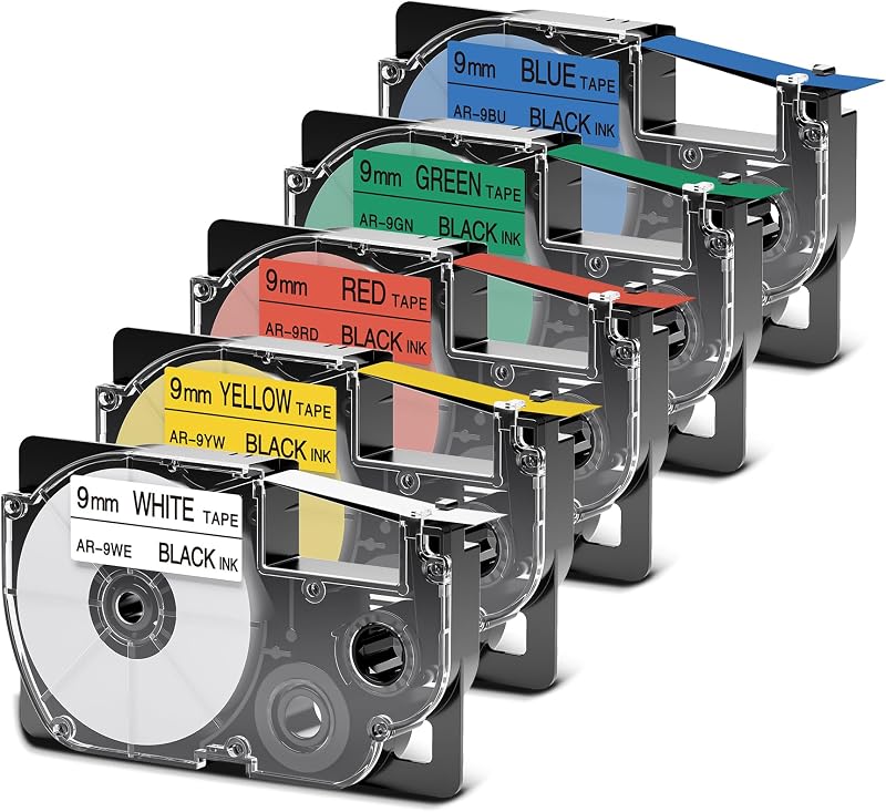 Replace for Casio Label Maker Tape 9mm 3/8" Label It Tape Cartridge | Black on White/Yellow/Green/Red/Blue Compatible with Casio EZ Label Printers Kl-60 Kl-780 Kl750b Kl-100 Kl750 Kl7200, 5-Pack