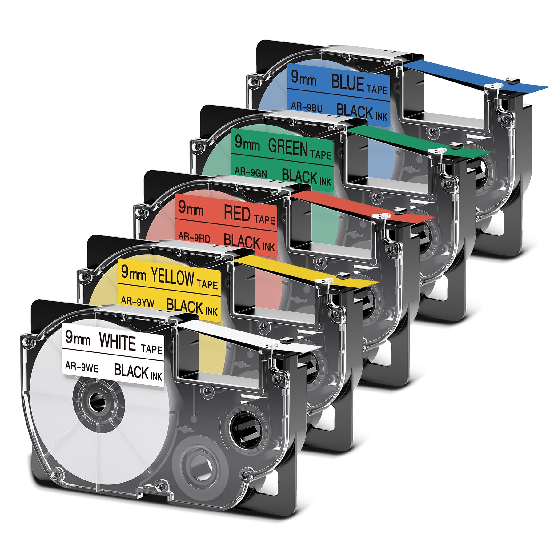 Repuesto para cinta de etiquetadora Casio de 9 mm, negro sobre blanco/amarillo/verde/rojo/azul, cartucho de cinta Label It compatible con impresoras de etiquetas Casio EZ Kl-60 Kl-780 Kl750b