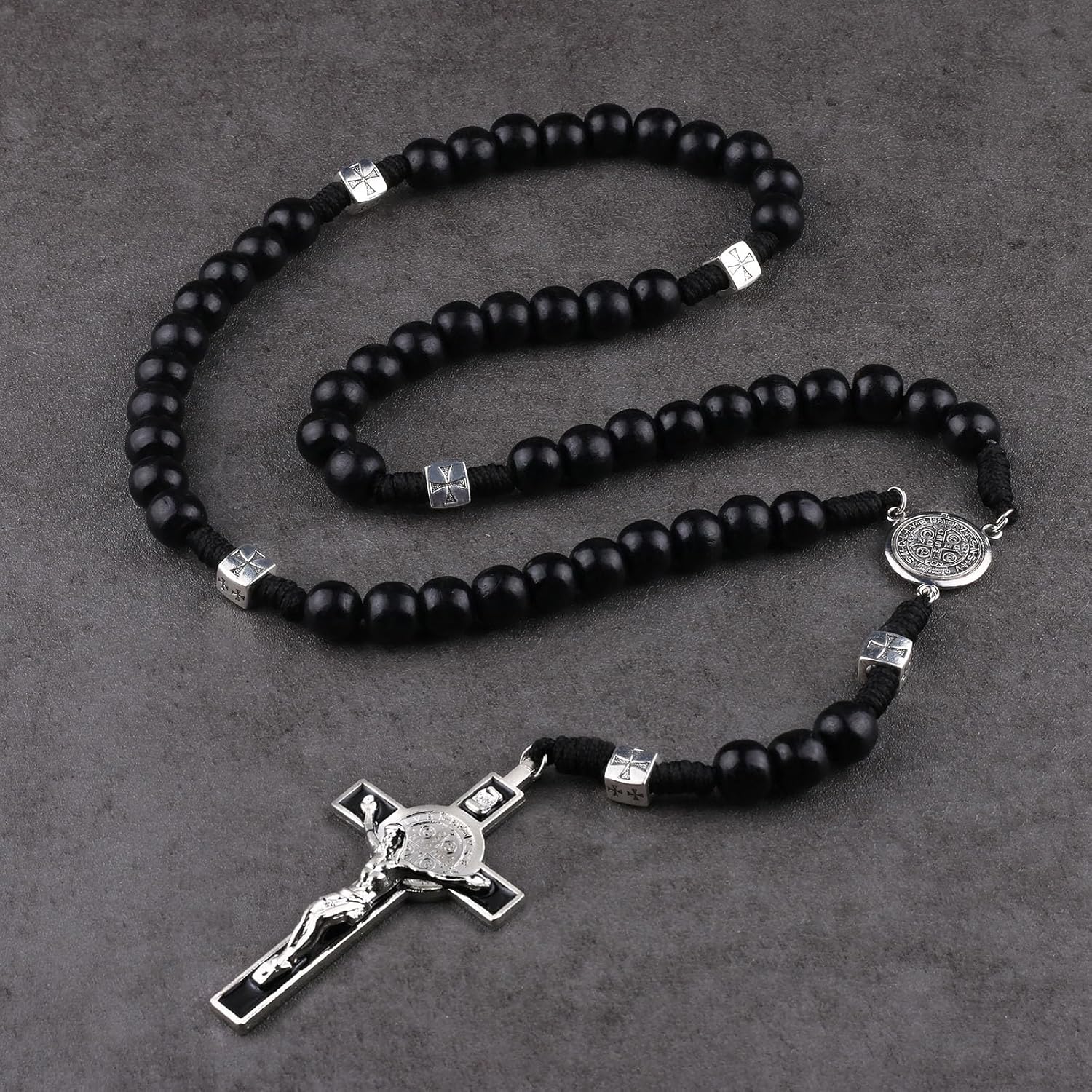 12mm Black Wood Beads Rosary with St.Benedict Metal Center Piece Necklace 21inch with Medal Crucifix for Men - Image 3