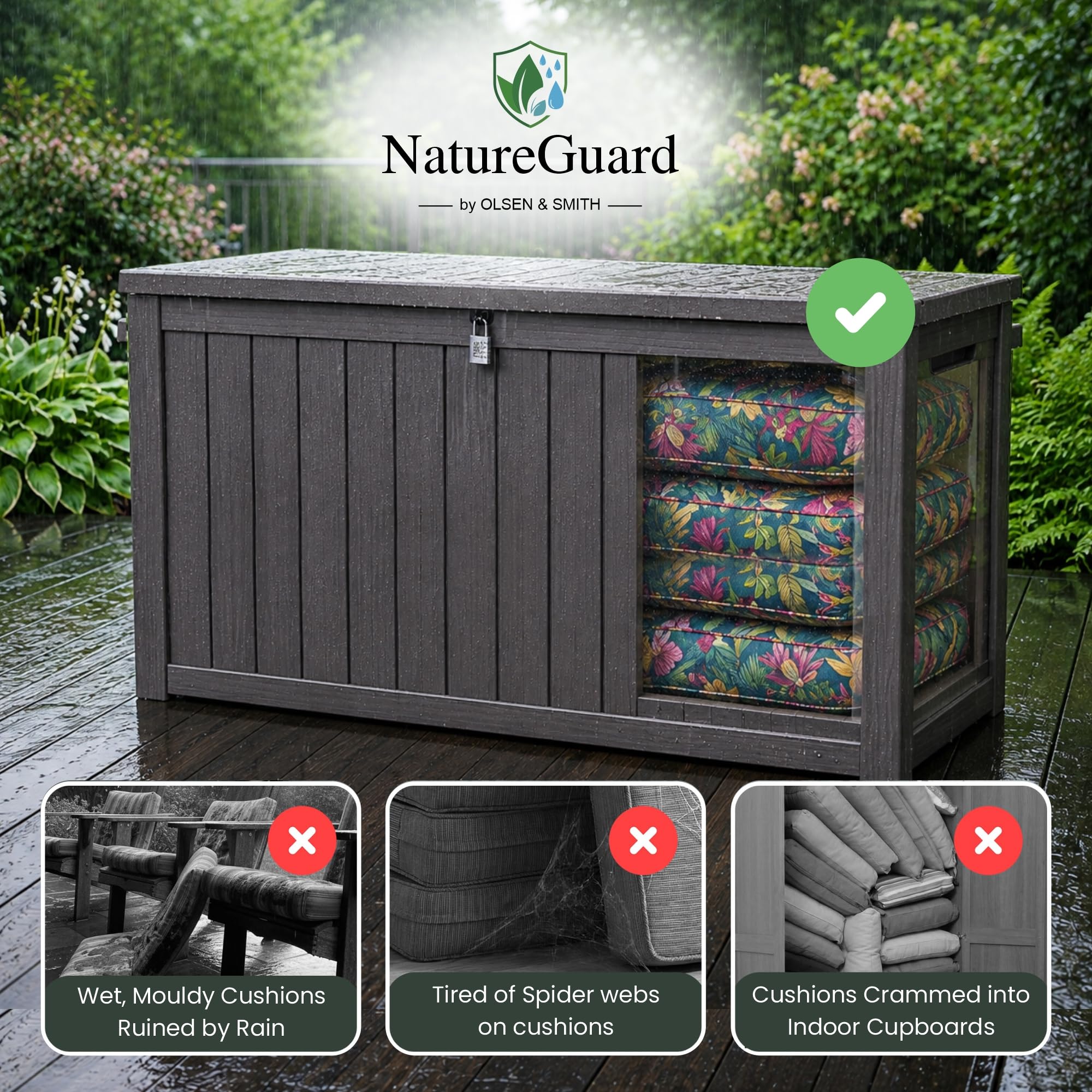 Olsen & Smith 870L XXL Recycled Lockable Garden Storage Box & Bench Seat, 870L-Taupe - Image 3
