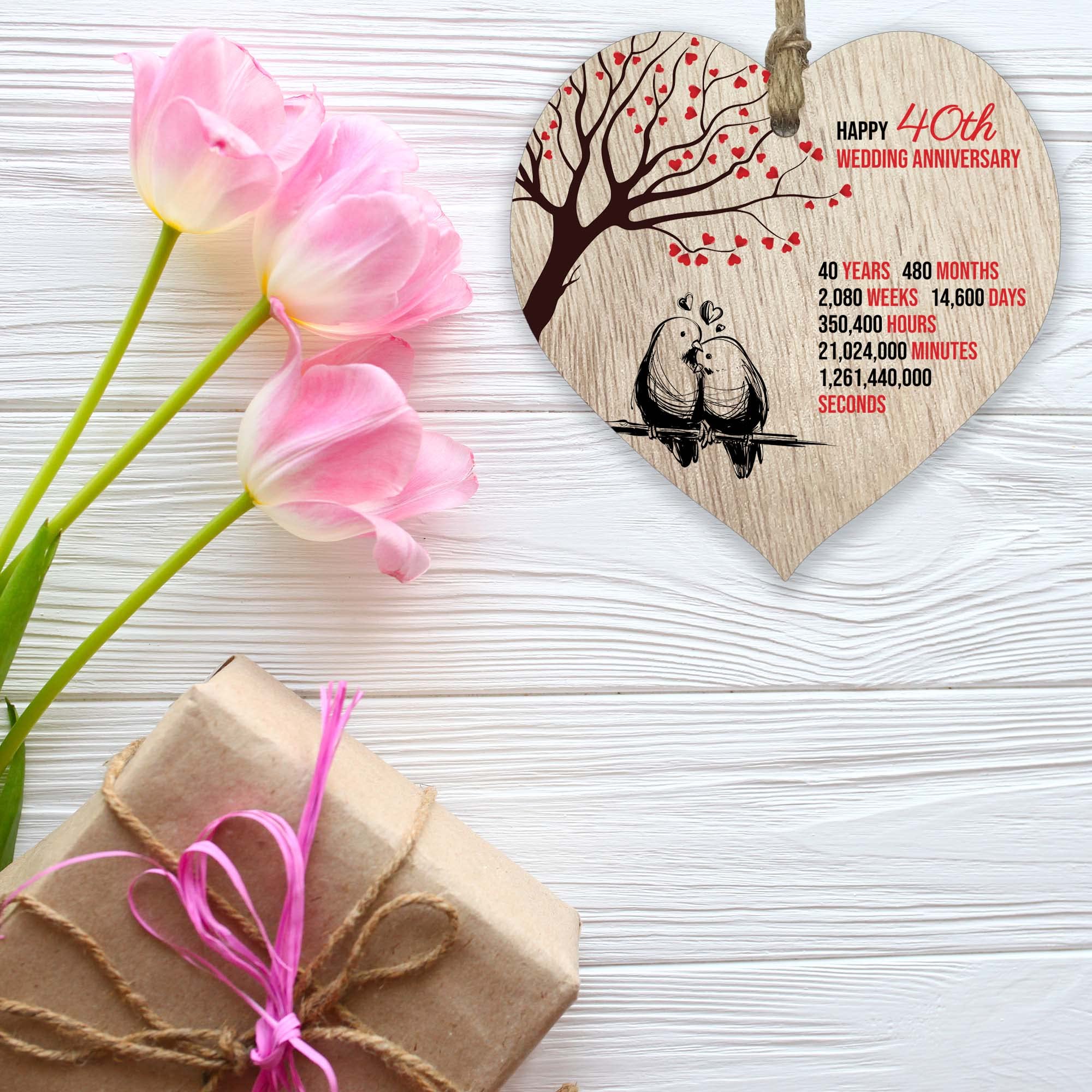 Targa Cuore In Legno Fatta A Mano – 40° Anniversario Di Matrimonio, Regalo Ricordo Con Frase '14.600 Giorni Insieme' (10 X 9,5 Cm) - 2