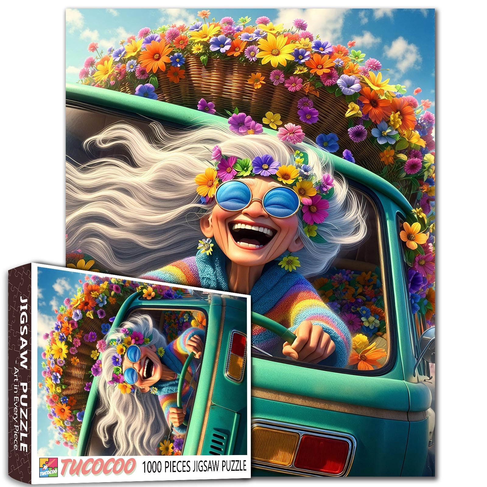 1000 Piece Jigsaw Puzzle, Colourful Floral Car Art, Whimsical Rainbow Design Older Women DIY Puzzles for Challenging Family Activity Games Elderly Lady Art Home Wall Decor Craft Gifts — image 1