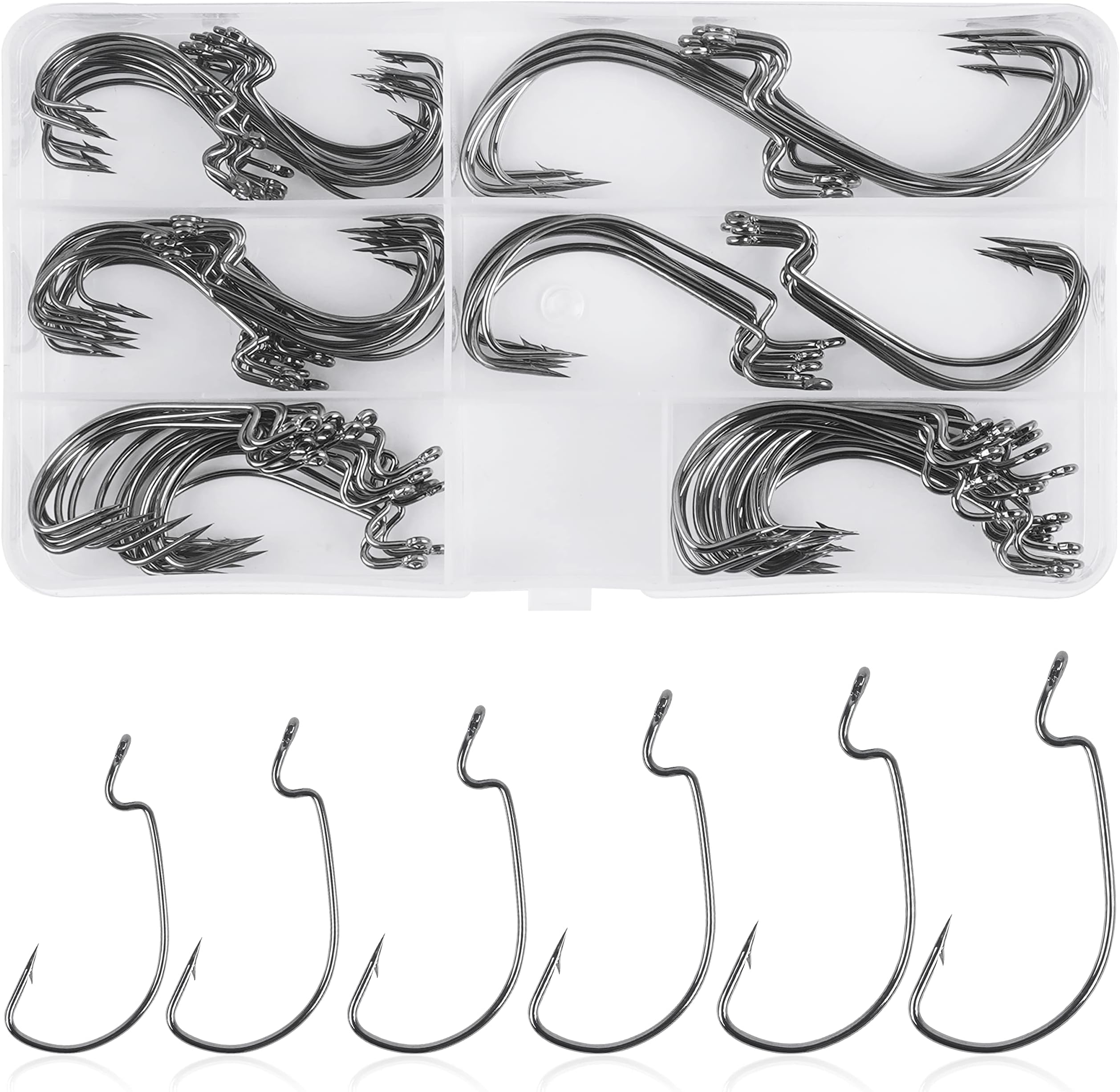 Bass Hooks Worm Hooks Ewg Hooks, 50pcs/100pcs Offset Worm Hooks Texas Rig Hooks 3X Strong High Carbon Steel Fishing Hooks for Soft Plastic Bait Jig Fish Hooks for Bass Trout 1-5/0