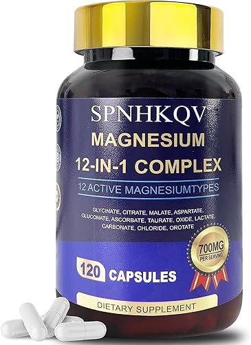 SPNHKQV Suplemento complejo de magnesio 12 en 1 - Cápsulas de glicinato de magnesio de alta absorción de 700 mg para mujeres y hombres - Soporte