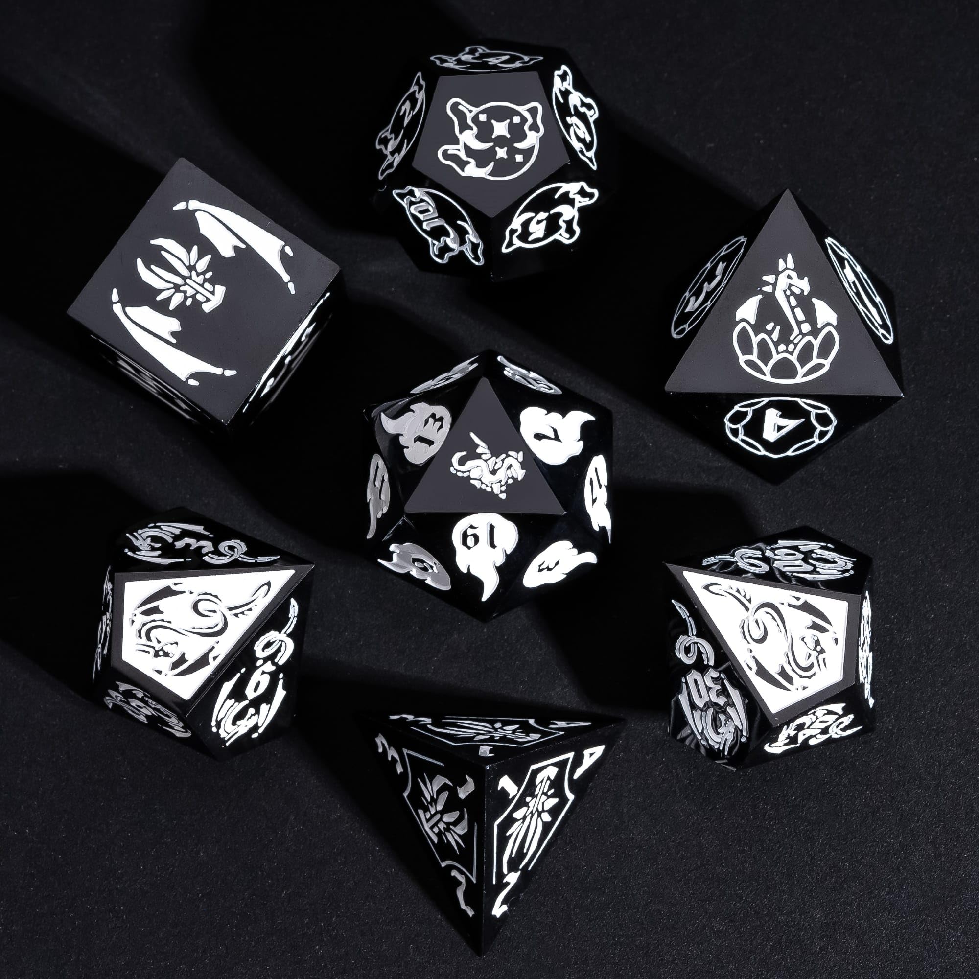 Cusdie 7-Piece Sharp Edges DND Dice Set with Dragon Pattern - Perfect for Tabletop RPGs Board Games Gifting and Collecting(Black with White Number) — image 1