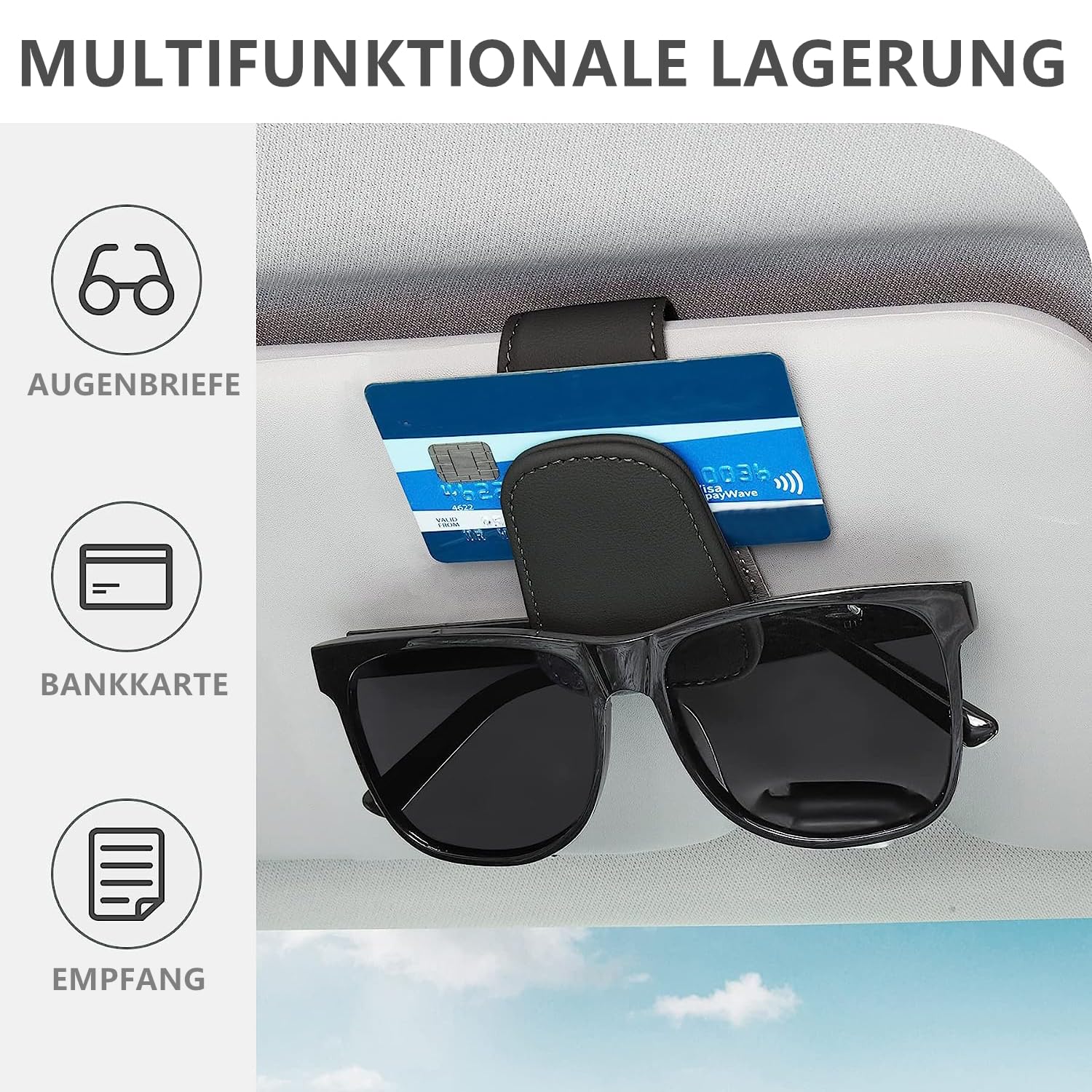 2 Supporti Magnetici Per Occhiali Da Sole Auto In Pelle PU – Clip Universale Per Parasole Con Porta Biglietti In Plastica, Nero, Per Organizzare Occhiali E Carte - 3