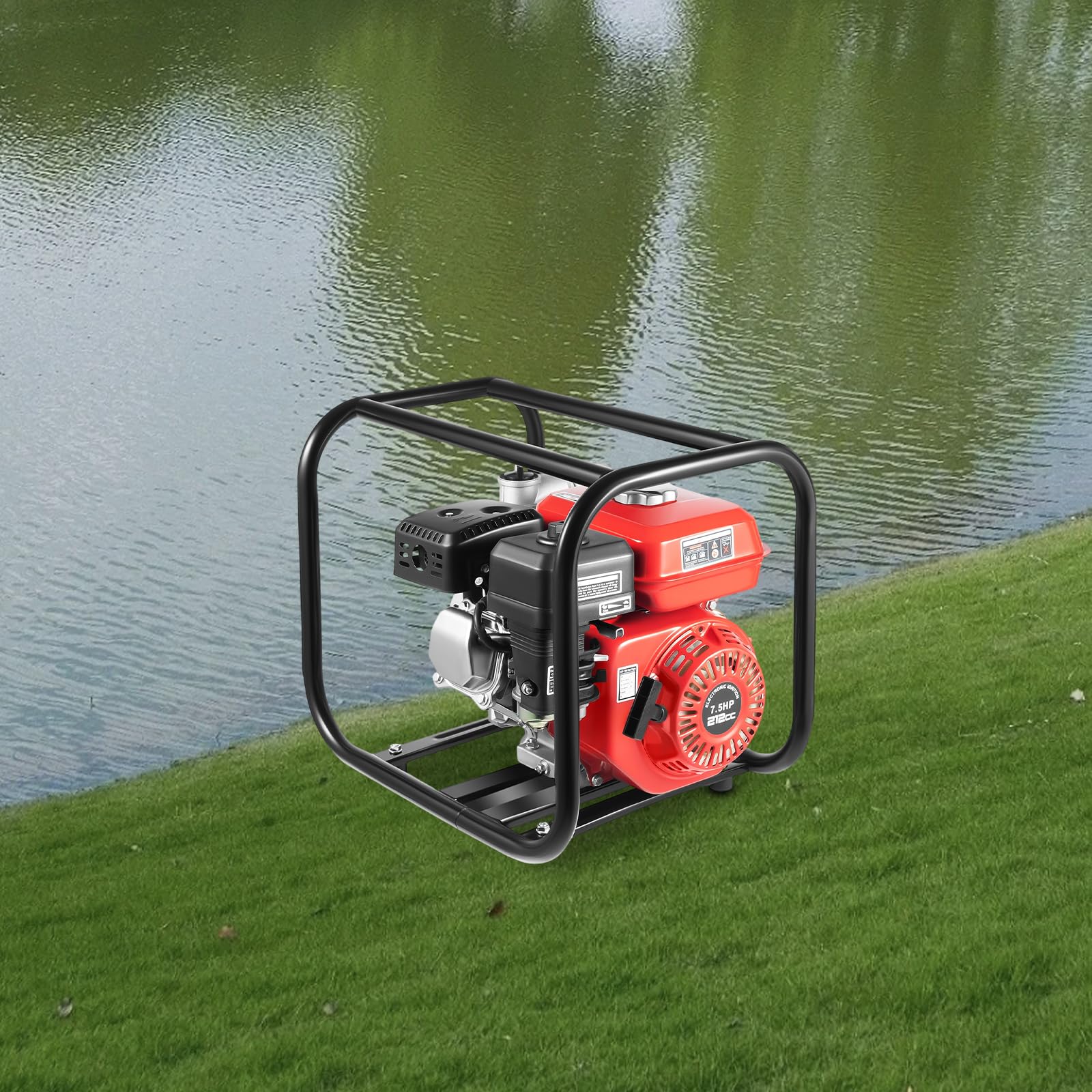 Bomba de agua de gasolina de 7,5 HP, 4 tiempos, 212 cc, 3600 rpm, carrera de agua de 30 m, bomba de agua portátil de 2 pulgadas, bomba de agua de gasolina con manguera de agua de 7,5 m para llenado de