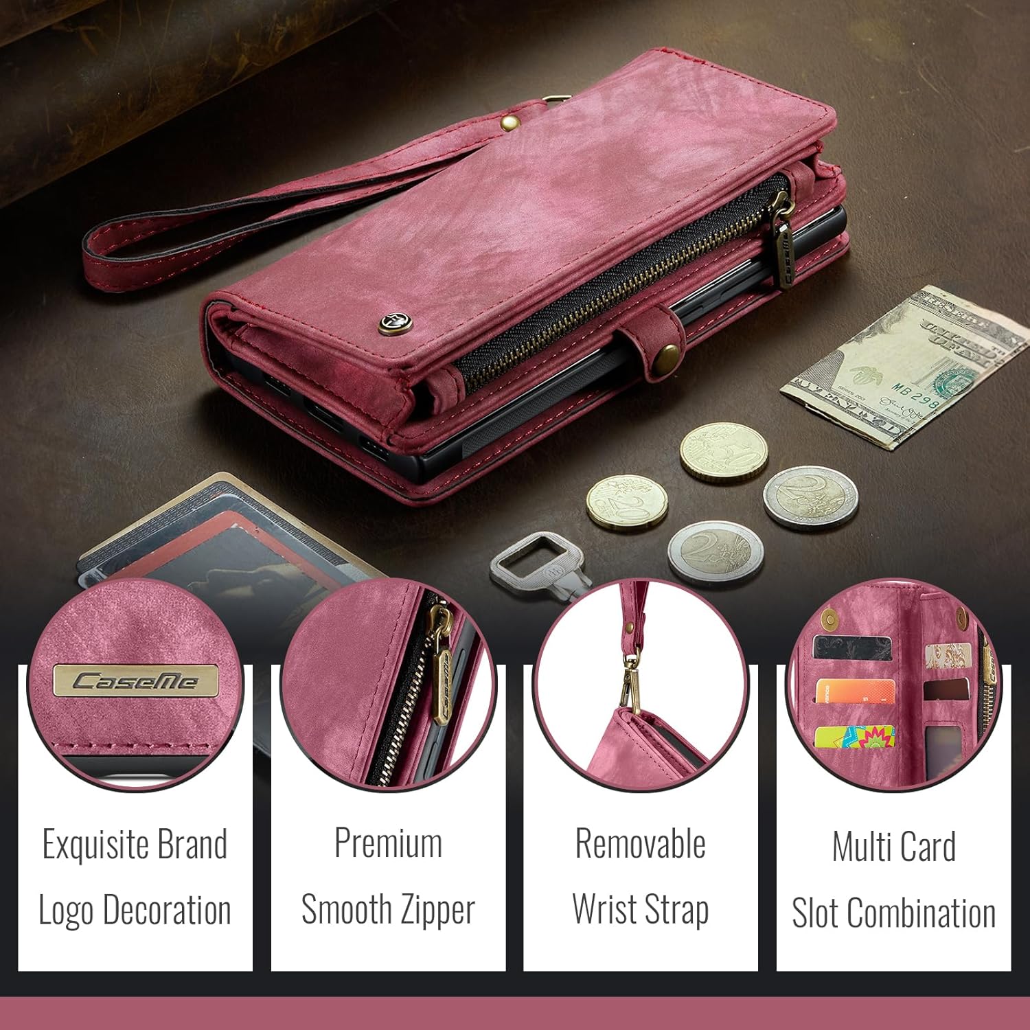 Case Compatible with Galaxy A57,Genuine Leather Wallet Detachable Magnetic Cell Phone Cover Wireless Charge Zipper Purse RFID Blocking Card Slot Holster (Wine Red, Samsung Galaxy A57)