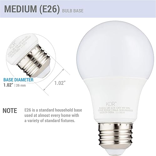 Miniatura 3 de Paquete de 6 bombillas LED A19 KOR de 9 W equivalente a 60 W con certificación UL 5000 K luz blanca brillante 800 lúmenes no regulables bombillas