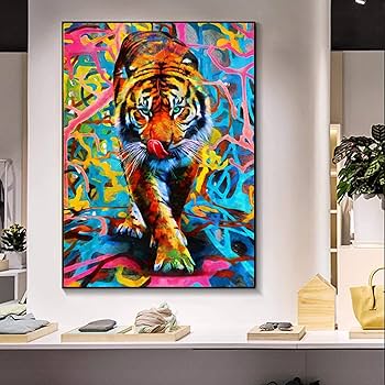 Amazon.co.jp: 落書きアニマルアート虎の絵画キャンバス壁アート