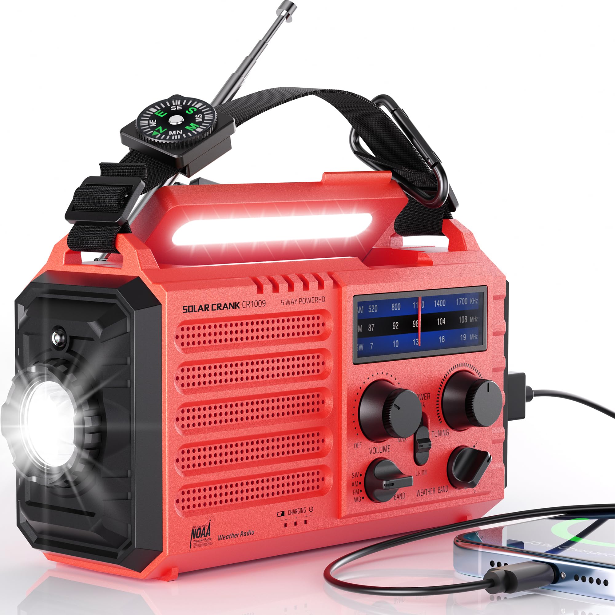 Radio awaryjne z korbą, solarne, przenośne radio, wodoszczelna lampa LED Dynamo, powerbank, radio AM/FM/SW i alarm, energia słoneczna, korbka na baterię