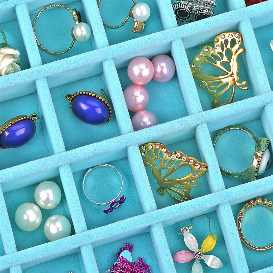 Sky Piea 24 Grid Velvet Glass Jewelry Box Jewellery Organiser Earring Ring Storage Holder Case Box (Sky Blue) image 5