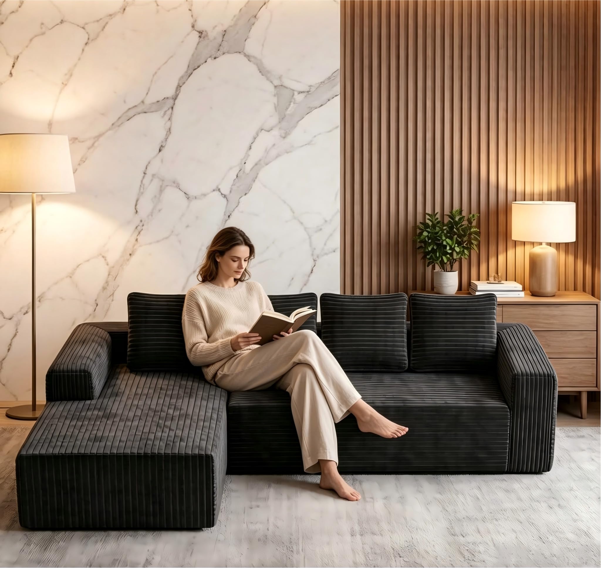 Conjunto de chaise longue en forma de L, moderno sofá modular con asiento profundo, sofá tapizado con chaise longue del lado izquierdo para salón y dormitorio