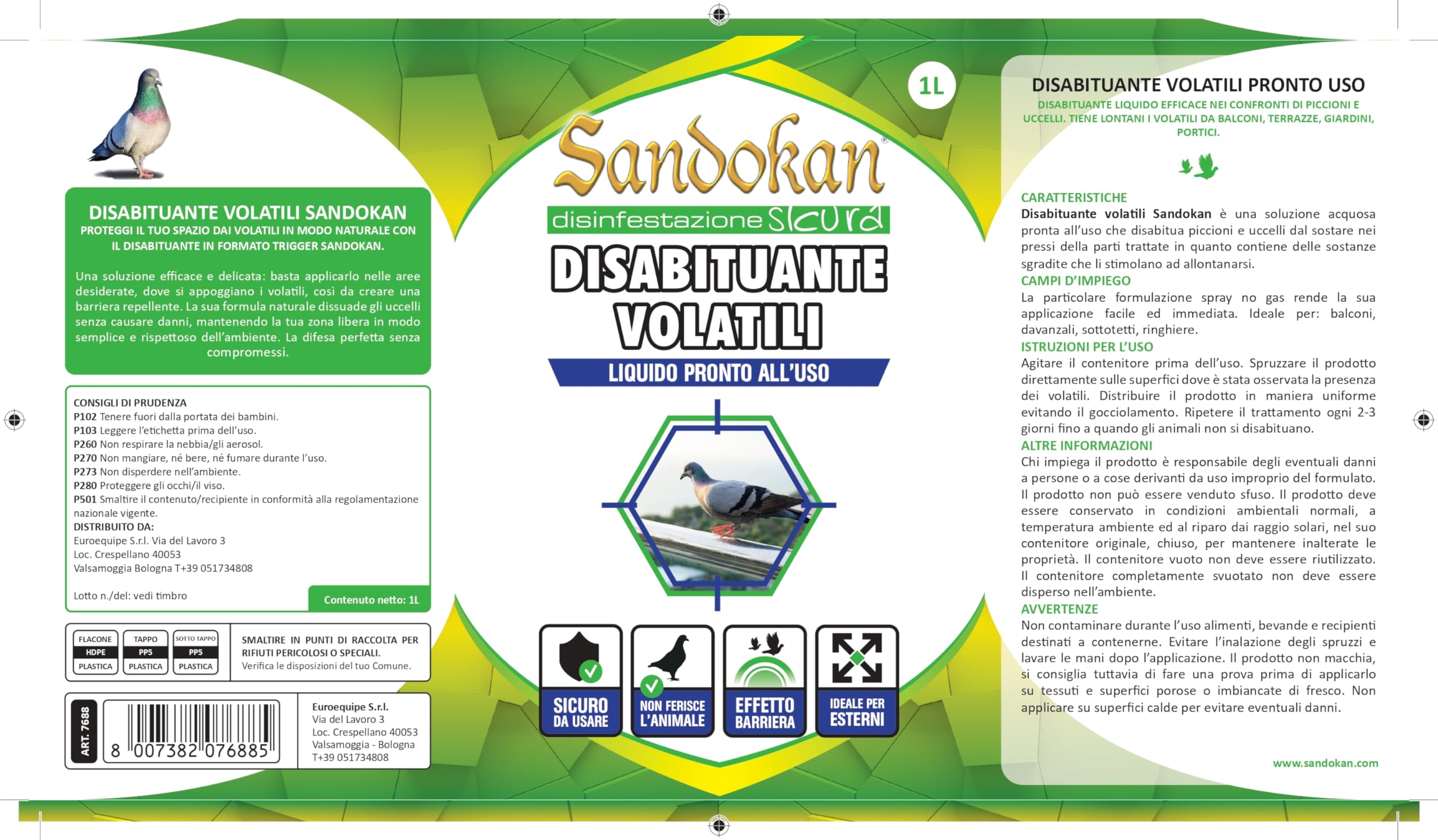 Sandokan Ahuyentador de Palomas Spray 1 Litro, Repelente Natural de Aves Listo para Usar, Disuasorio Líquido para Balcones y Ventanas Sin Gas, Fabricado en Italia