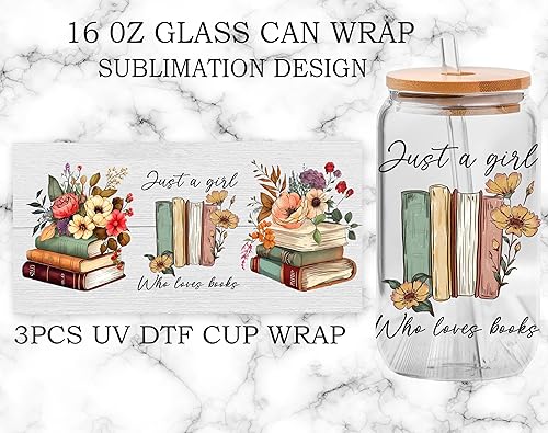 Miniatura 6 de Adhesivo de transferencia de vidrio UV DTF - 3 piezas de transferencia de manualidades con texto en inglés "Just A Girl Who Loves Books", calcomanía