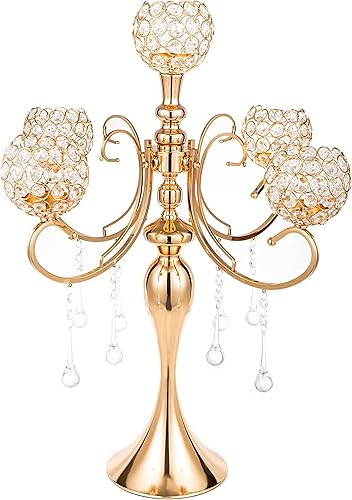 Candelabro dorado de 5 brazos de 26 pulgadas de alto, candelabros de cristal con cuentas para centro de mesa, boda, fiesta, cena, eventos formales