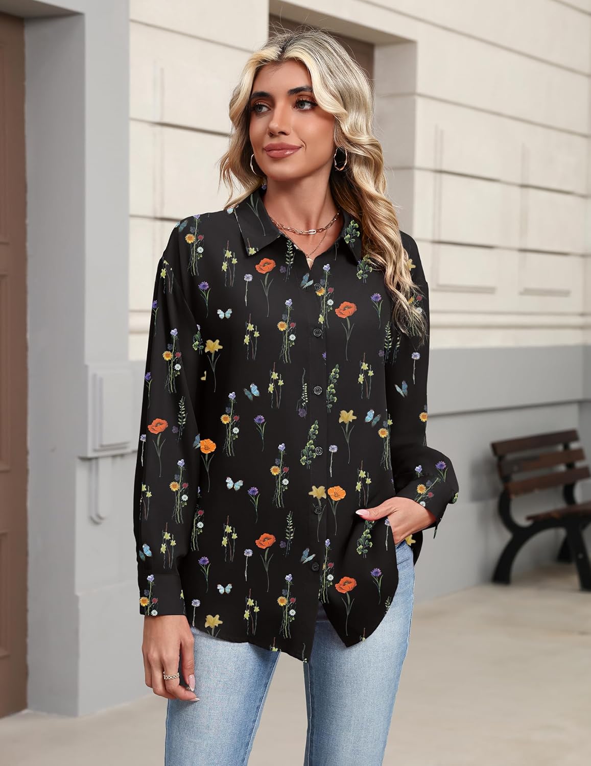 Zeagoo Button Down Shirts for Women Dressy Casual Floral Printed Collared Chiffon Blouse Long Sleeve Business Work Tops - Image 3