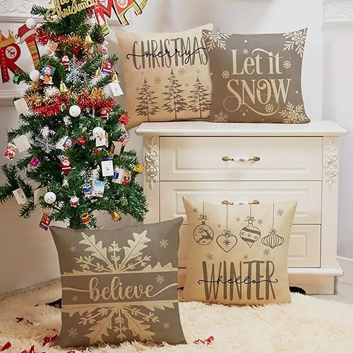 Miniatura 4 de Merry Christmas Hello Winter - Juego de 4 fundas de almohada decorativas grises de 16 x 16 pulgadas, diseño de copos de nieve con diseño de copos de