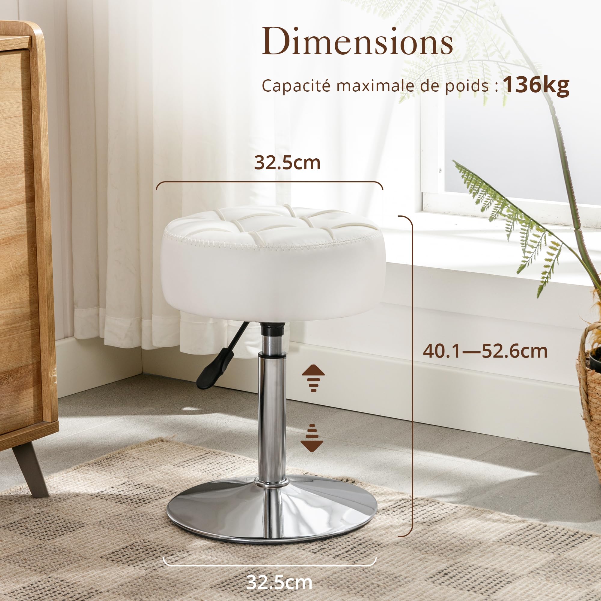 LUE BONA Tabouret Coiffeuse,Tabouret de Maquillage,Réglable en Hauteur 40-52 cm,Pivotant à 360°,Simili Cuir Siège Rembourré,pour Salon,Chambre à Coucher,Blanc