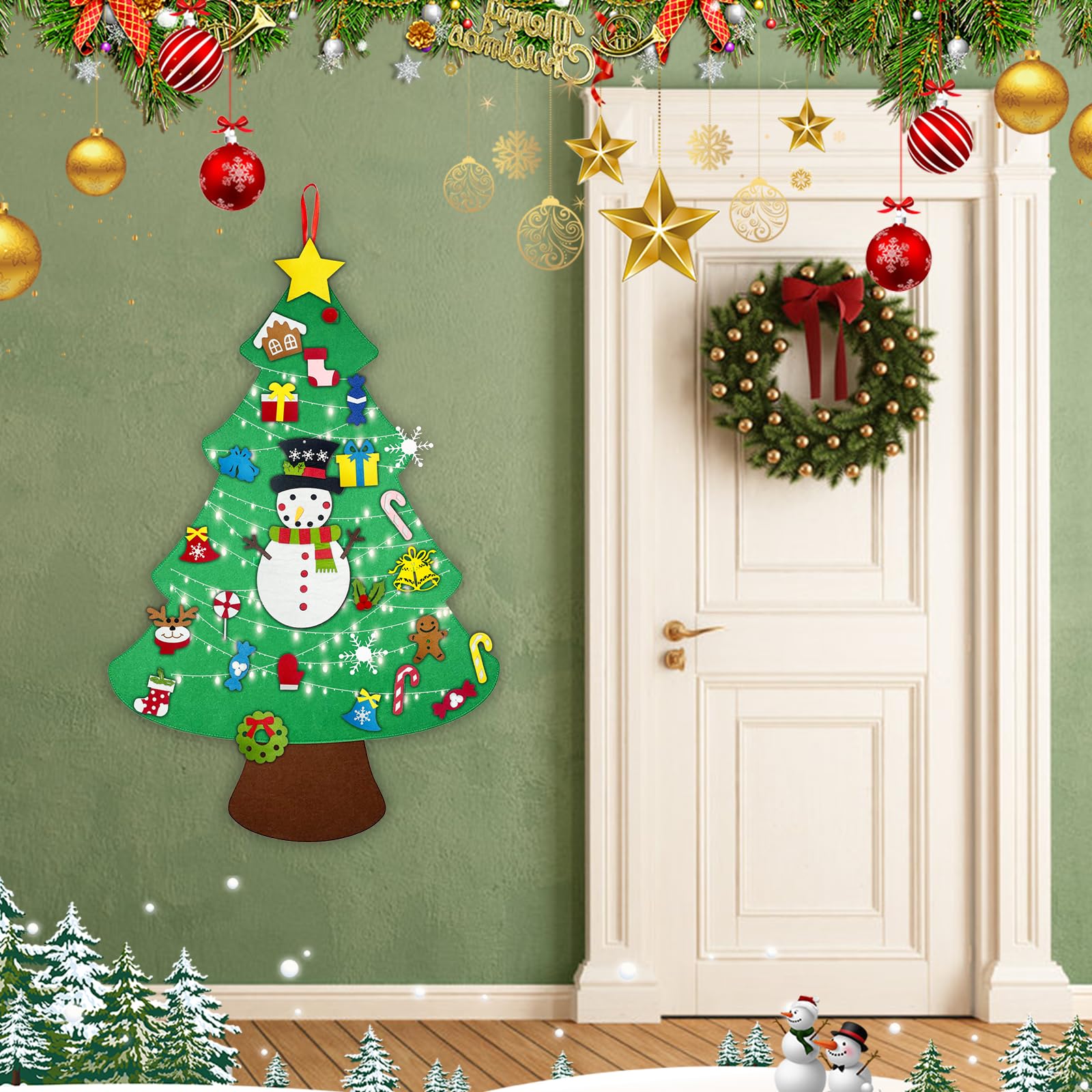 DIY Filz Weihnachtsbaum 3,28ft - Mit Ornamenten & LED Lichterkette