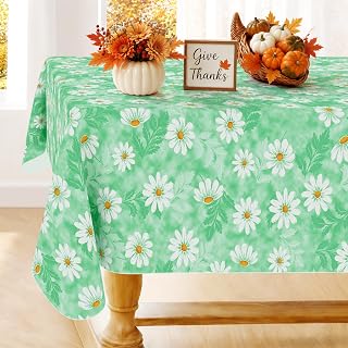 Smiry Rectangle Table Cloth, Waterproof Vinyl Tablecloths with Flannel Backing, Wipeable Spillproof Plastic Table Cover for Dinner and Outdoor (Green & White, 60" x 120")