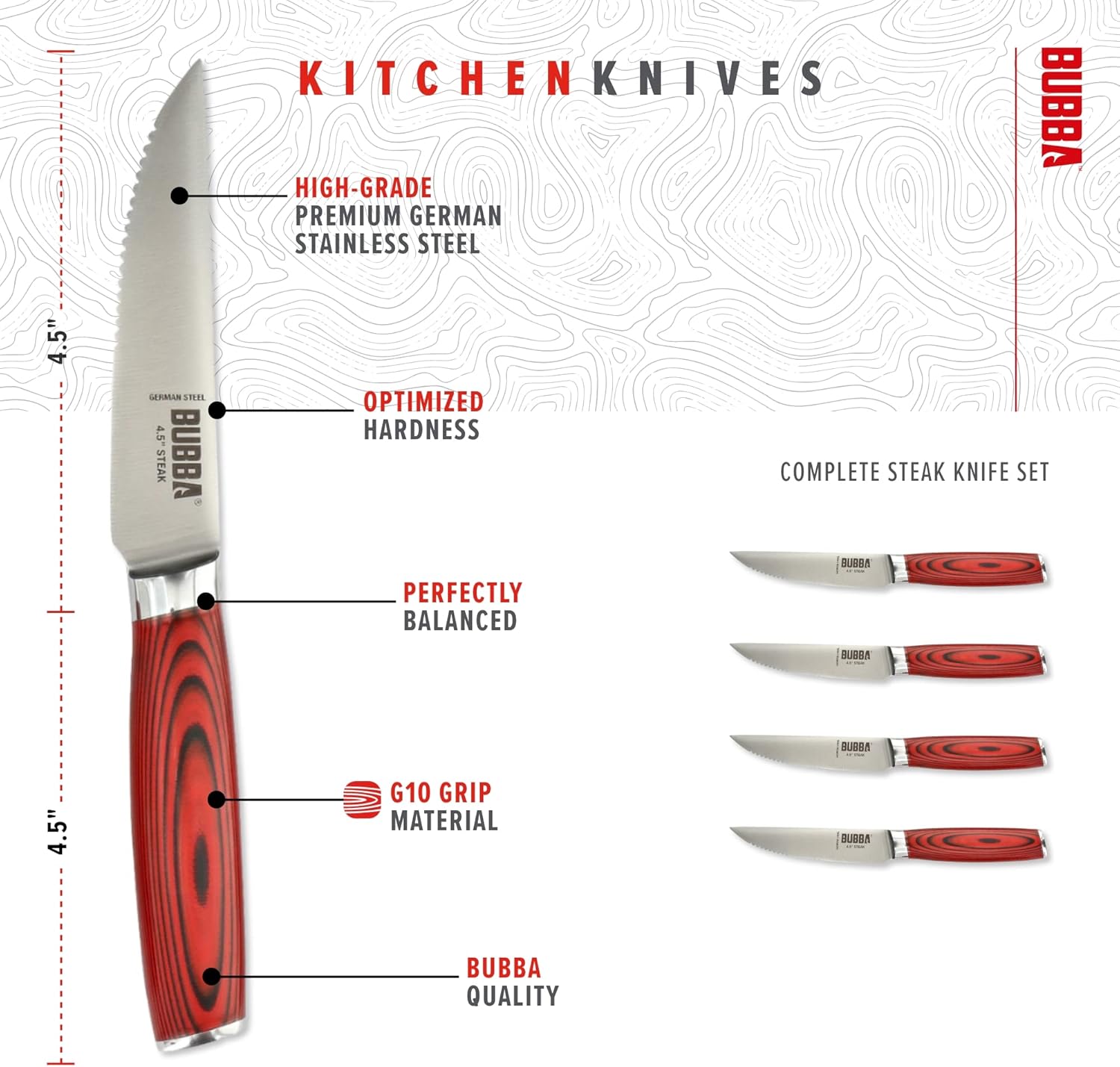 BUBBA Steak Knife Set for all your carving and slicing needs with G10 Handles, Premium German Stainless Steel and a Parawood Knife Block.