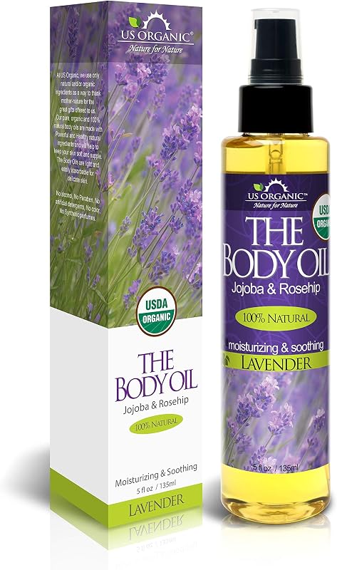 Óleo corporal US Organic com lavanda, óleos de jojoba e rosa-mosqueta e vitamina E, 150 mL, Lavender