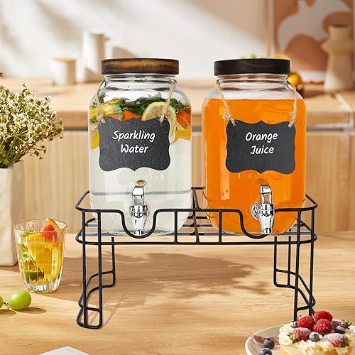 Miniatura 6 de Dispensadores de bebidas de vidrio para fiestas, paquete de 2 dispensadores de bebidas de 1 galón con tapas de madera, soporte de metal y espita
