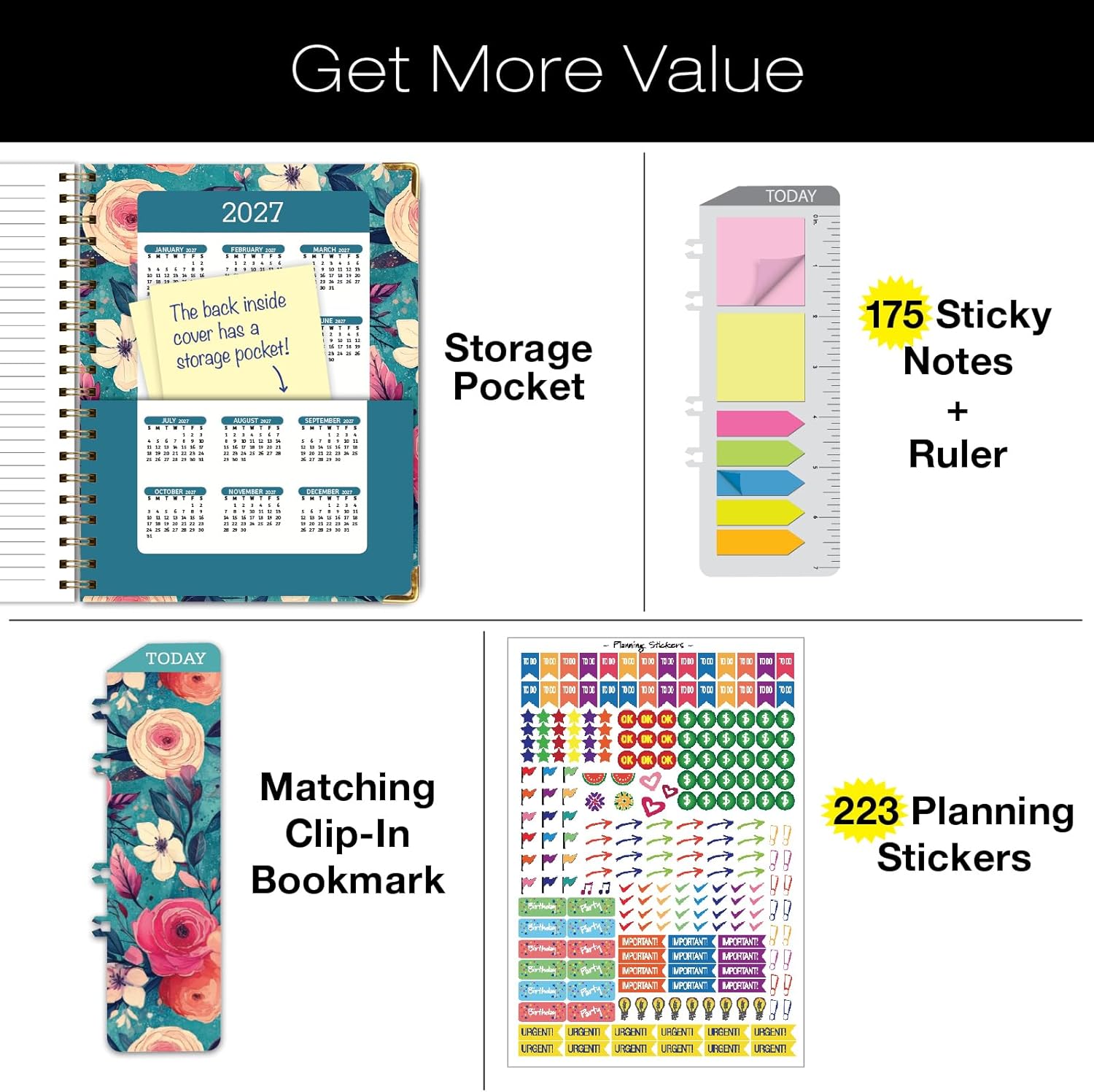 HARDCOVER Academic Year 2026-2027 Planner: 14 Months (May 2026 Through June 2027) 8.5"x 11" Daily Weekly Monthly Planner Yearly Agenda. Bookmark, Pocket Folder and Sticky Note Set (Teal Floral)