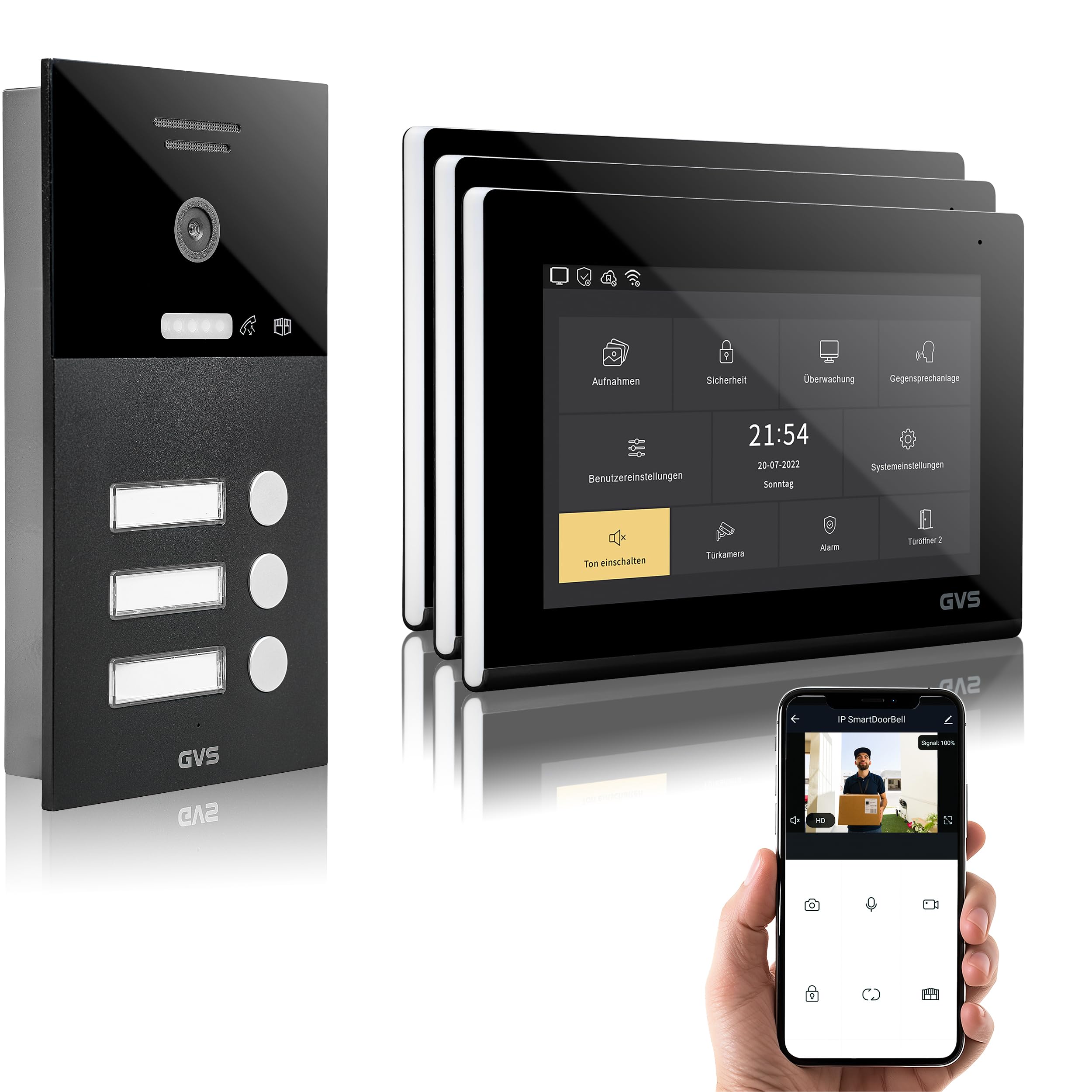 GVS - IP Video Türsprechanlage 3 Familienhaus mit Türöffner, HD Kamera, 3X 7 Zoll Monitor & App - Smarte Video Türklingel mit Kamera & Gegensprechanlage (AVS1291U)